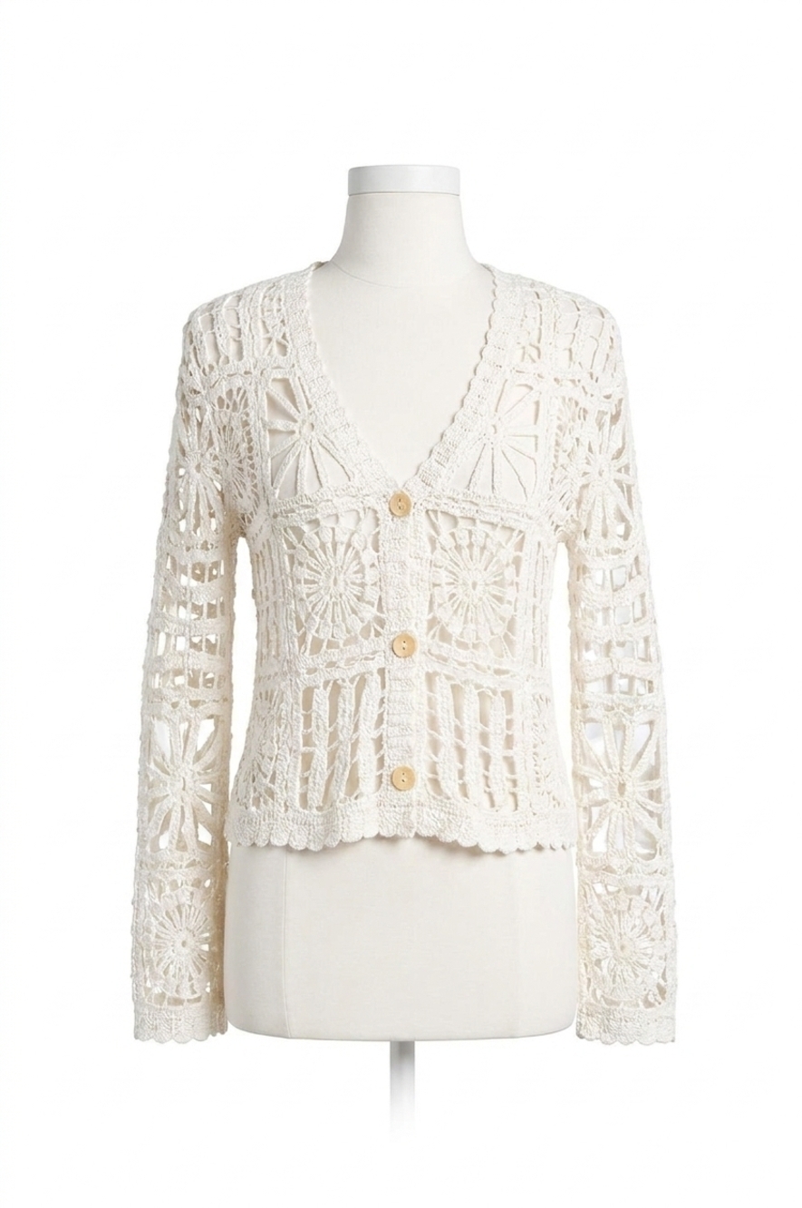 NEW ELAN women's blake crochet cardigan in white